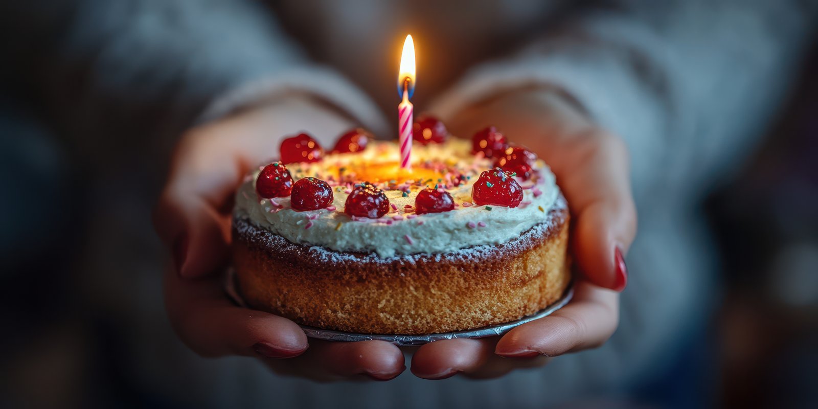 Celebration with a homemade cake featuring cream frosting and cherries in a cozy indoor setting during evening hours